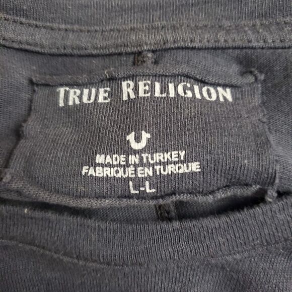 True Religion Men's Tee Large Navy Blue Embroidered Horseshoe Logo Crewneck Long - Picture 9 of 10